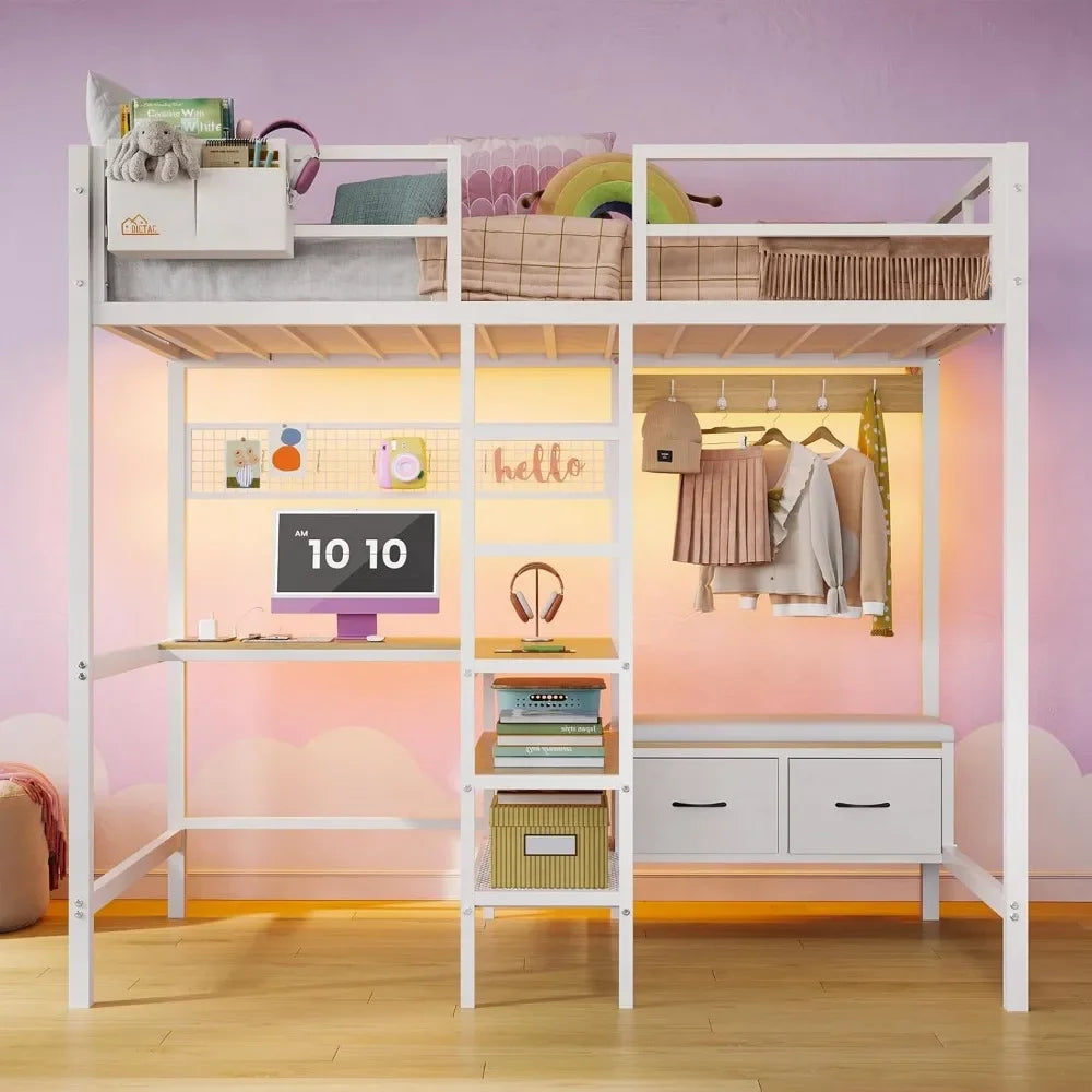 Loft Bed with L-Shaped Desk, LED Lights and Charging Station with Storage Shelves and Coat Rack with Drawers