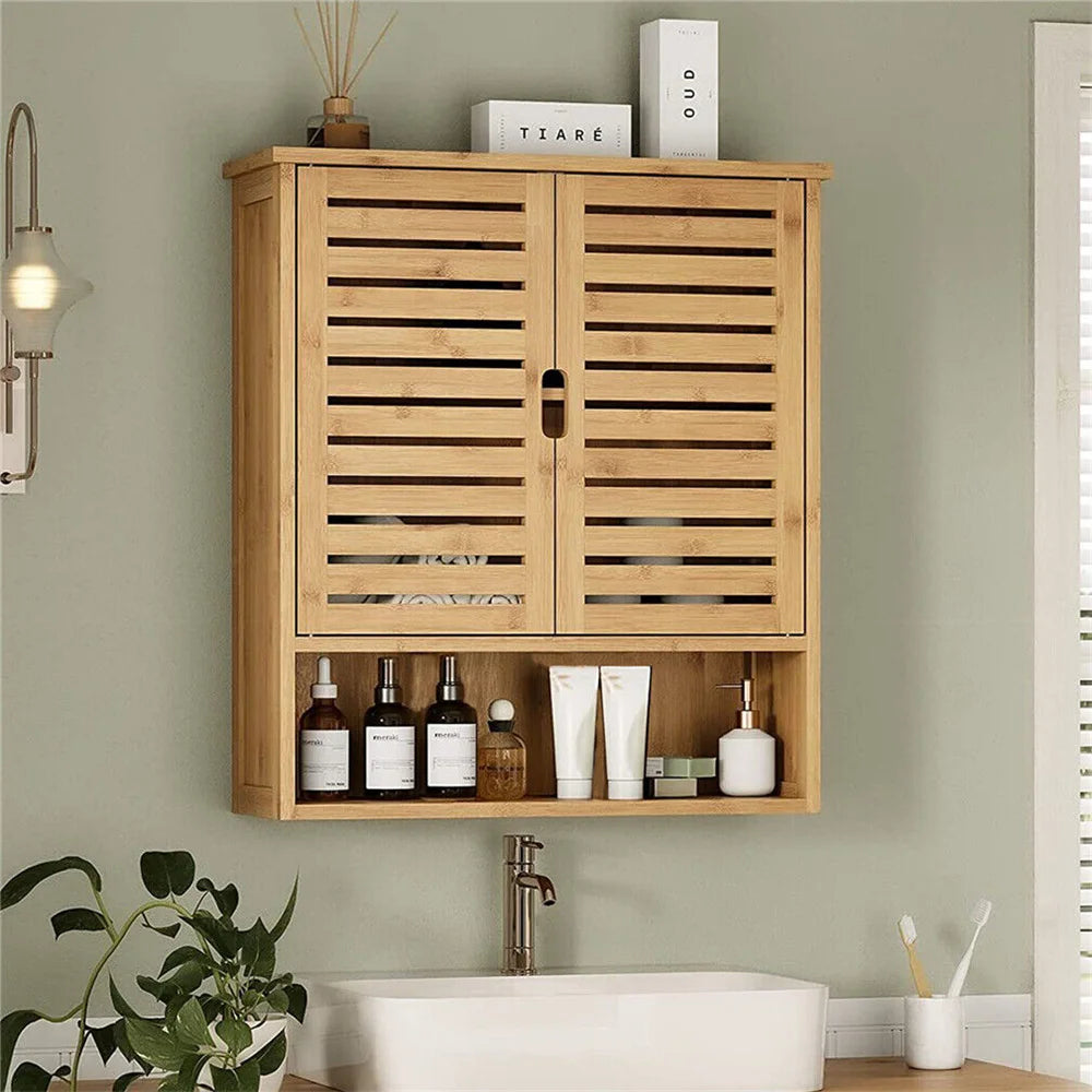 Natural Bamboo Bathroom Cabinet Wall Mounted Kitchen Cabinet Cupboard Storage Organizer 3 Tier Shelf