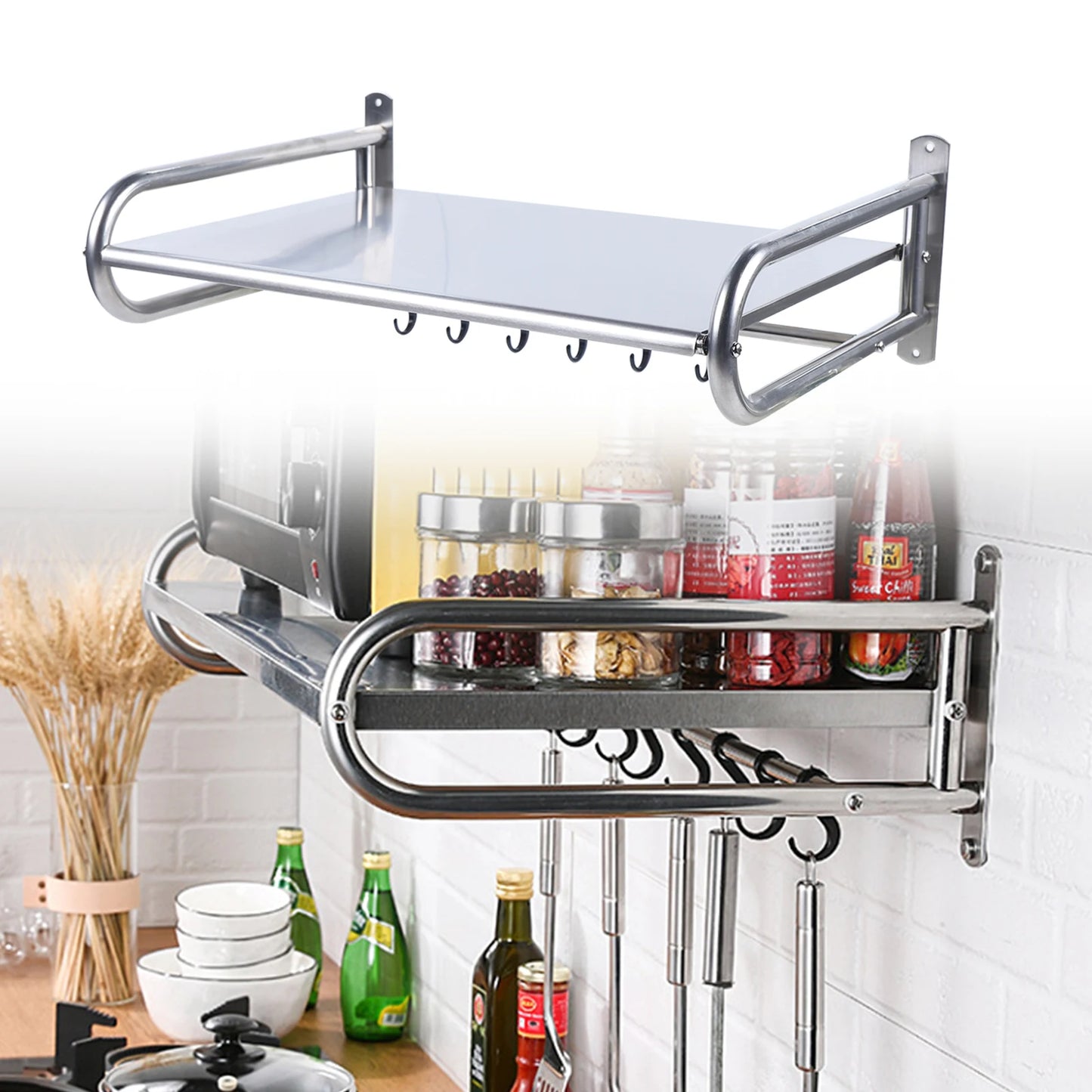 Single Layer with 6 Hooks Stainless Steel Microwave Oven Shelf
