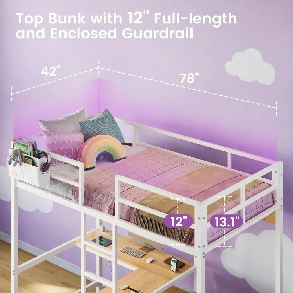 Loft Bed with L-Shaped Desk, LED Lights and Charging Station with Storage Shelves and Coat Rack with Drawers