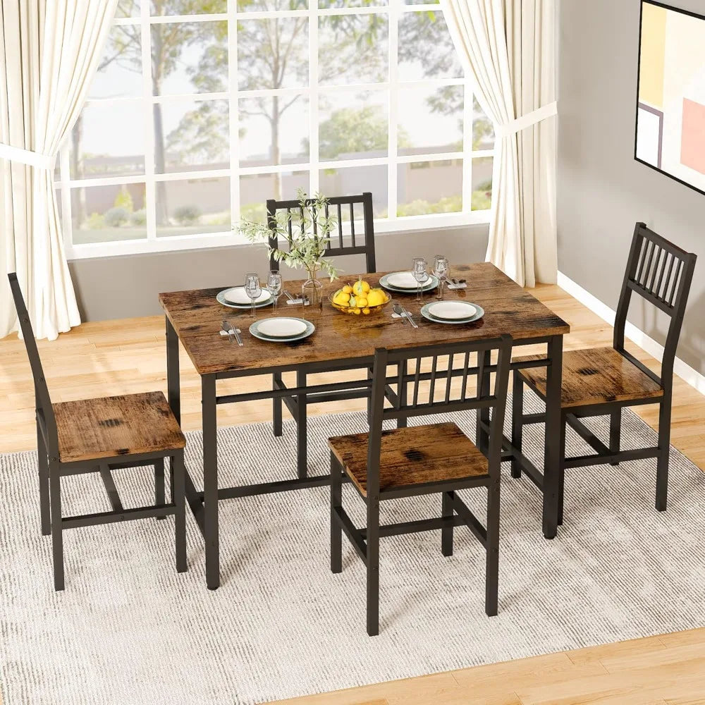 47.2-inch dining table set of 4, industrial table with 4 curved chairs set, 5-piece rectangular kitchen table set dining room