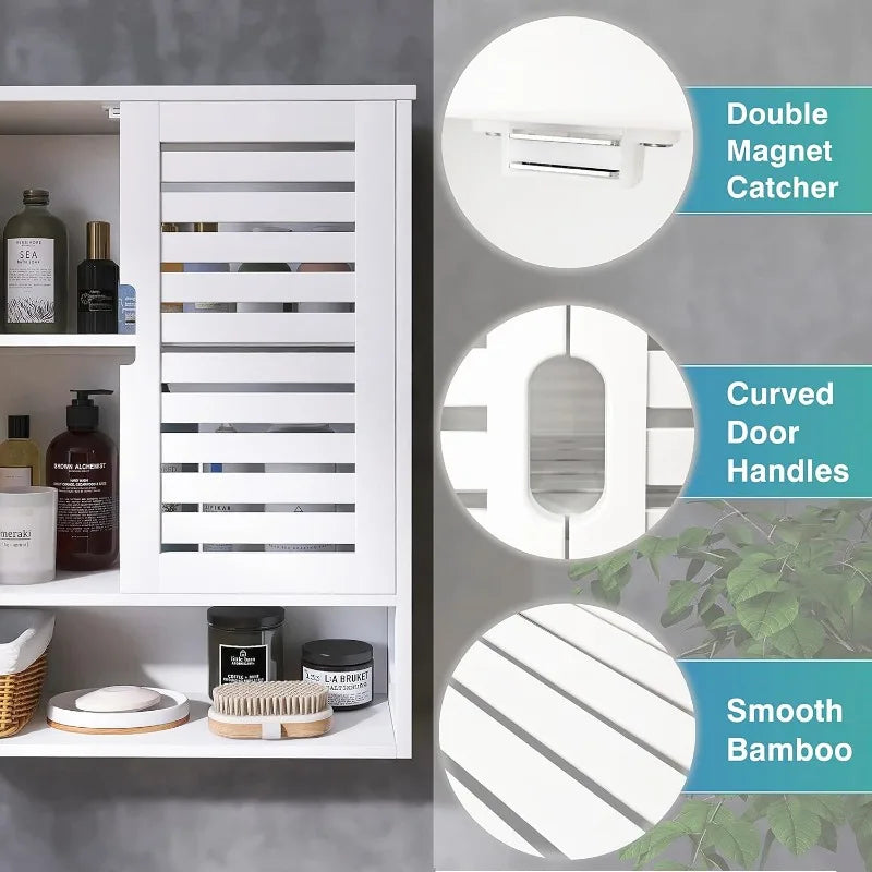 Bathroom Cabinet Wall Mounted, Bamboo Over-The-Toilet Storage Organizer, Space Saver Medicine Cabinet with Adjustable Shelves