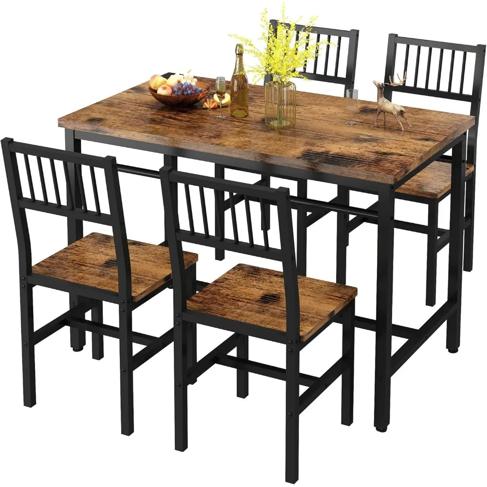 47.2-inch dining table set of 4, industrial table with 4 curved chairs set, 5-piece rectangular kitchen table set dining room