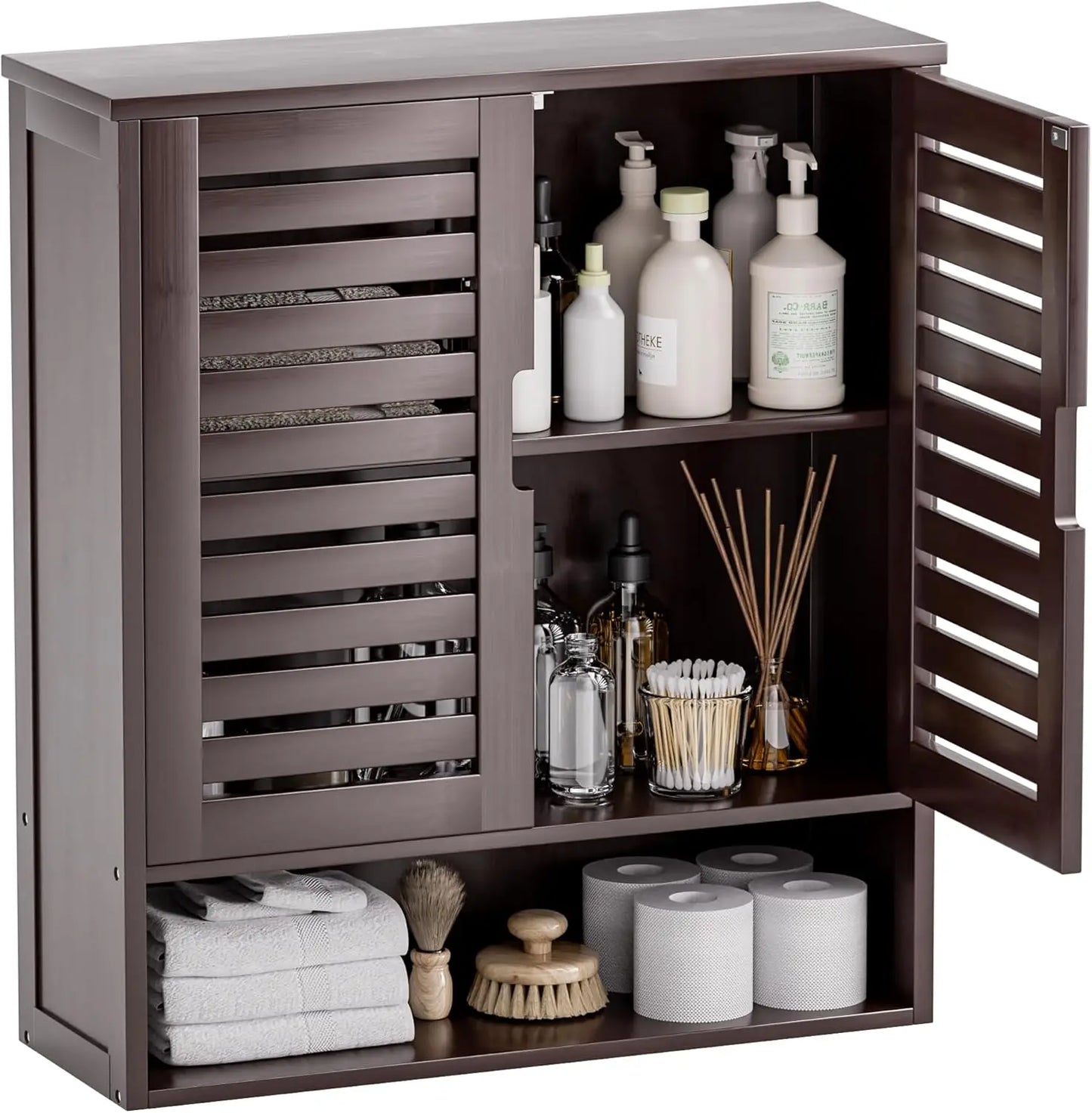 Bathroom Cabinet Wall Mounted, Bamboo Over-The-Toilet Storage Organizer, Space Saver Medicine Cabinet with Adjustable Shelves