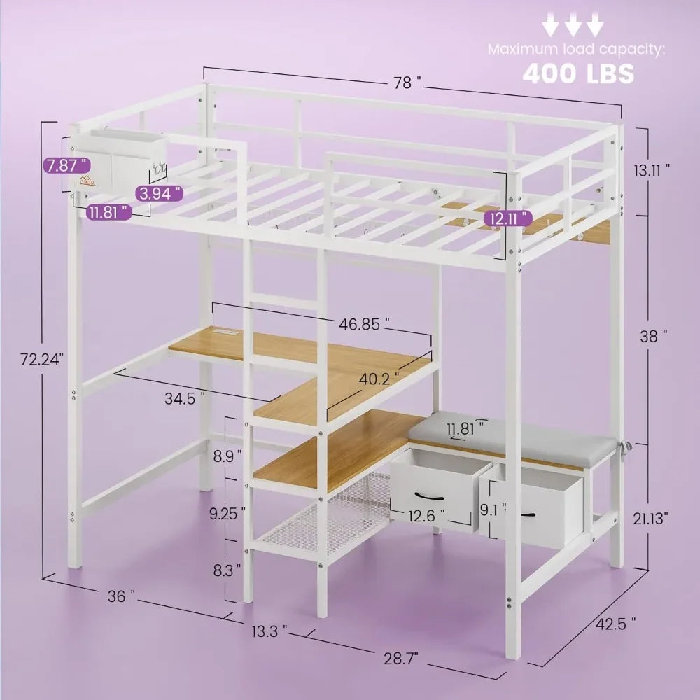 Loft Bed with L-Shaped Desk, LED Lights and Charging Station with Storage Shelves and Coat Rack with Drawers