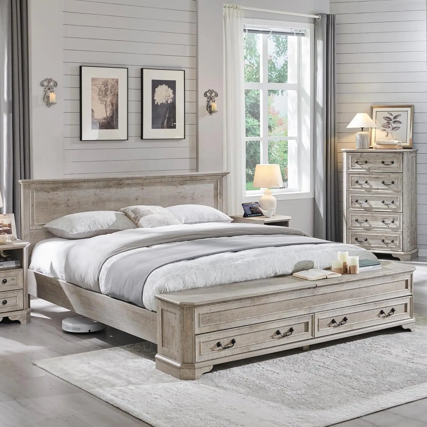 Farmhouse King Bed with Headboard, Storage Bench, and 80" Storage Chest
