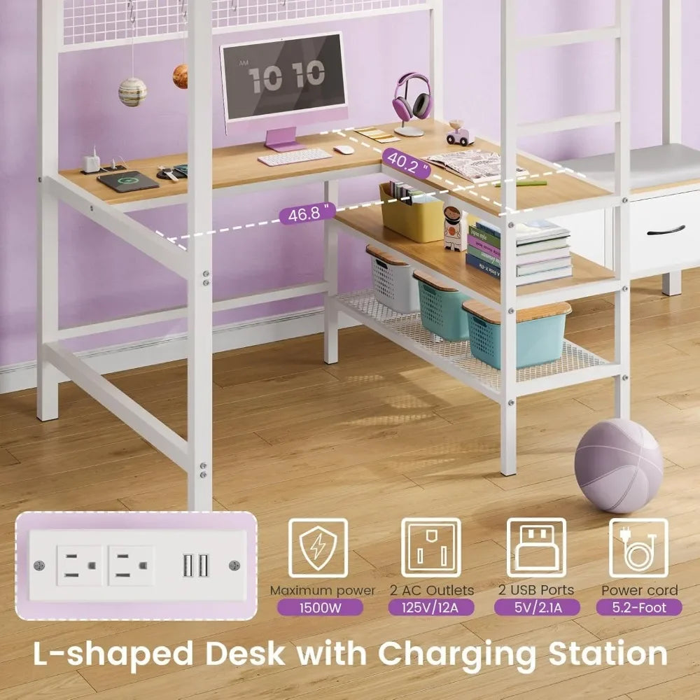Loft Bed with L-Shaped Desk, LED Lights and Charging Station with Storage Shelves and Coat Rack with Drawers