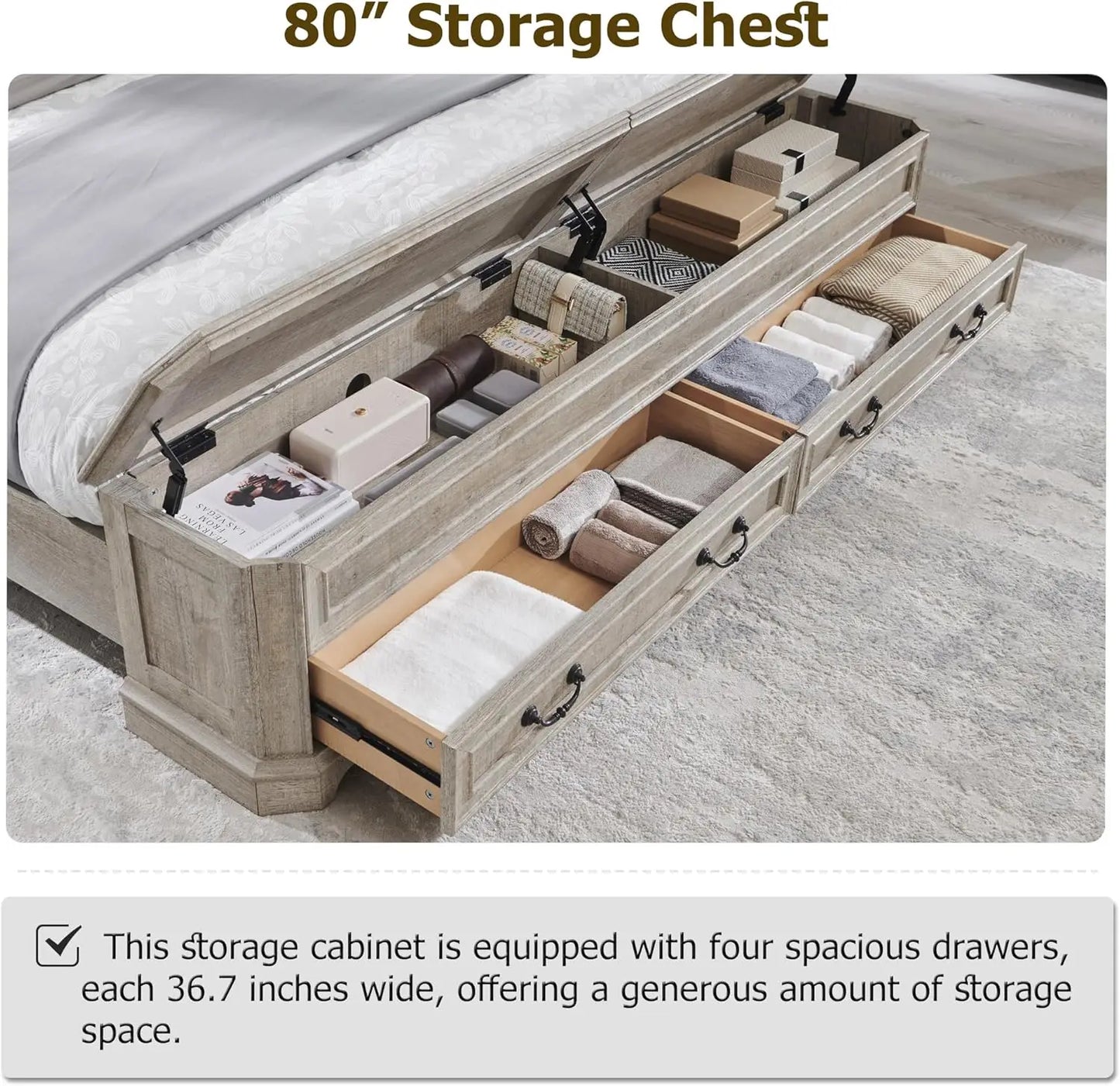 Farmhouse King Bed with Headboard, Storage Bench, and 80" Storage Chest