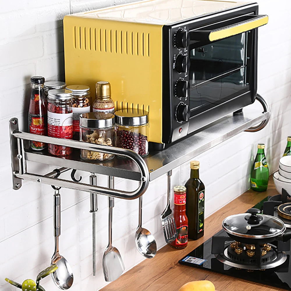 Single Layer with 6 Hooks Stainless Steel Microwave Oven Shelf