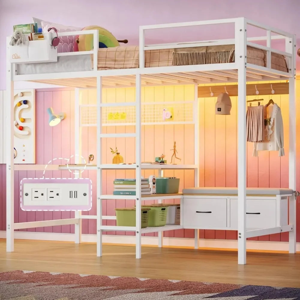 Loft Bed with L-Shaped Desk, LED Lights and Charging Station with Storage Shelves and Coat Rack with Drawers