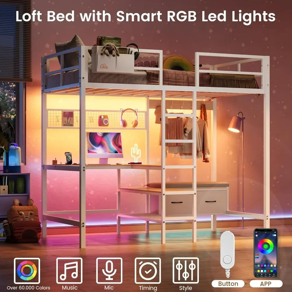 Loft Bed with L-Shaped Desk, LED Lights and Charging Station with Storage Shelves and Coat Rack with Drawers