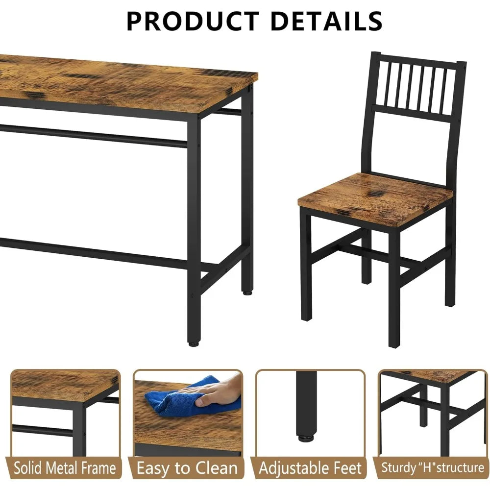 47.2-inch dining table set of 4, industrial table with 4 curved chairs set, 5-piece rectangular kitchen table set dining room