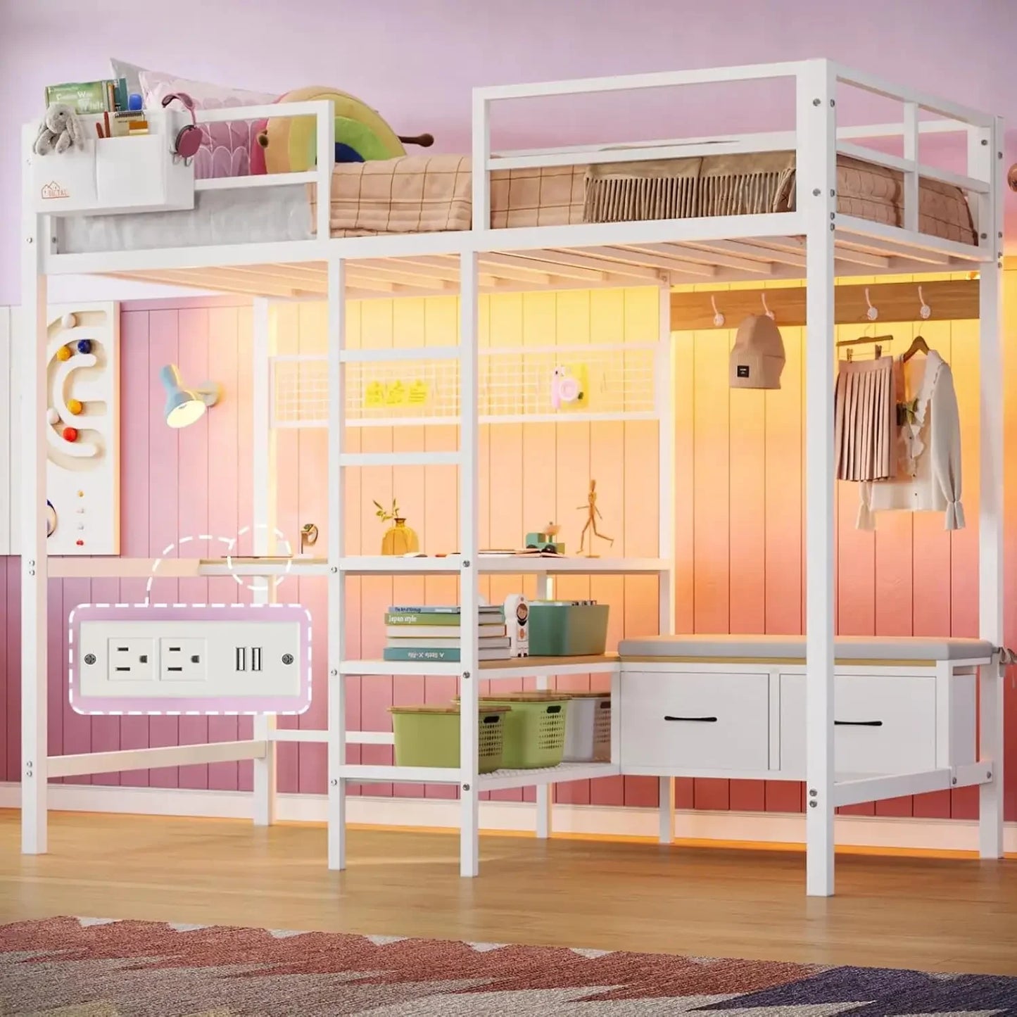 Loft Bed with L-Shaped Desk, LED Lights and Charging Station with Storage Shelves and Coat Rack with Drawers