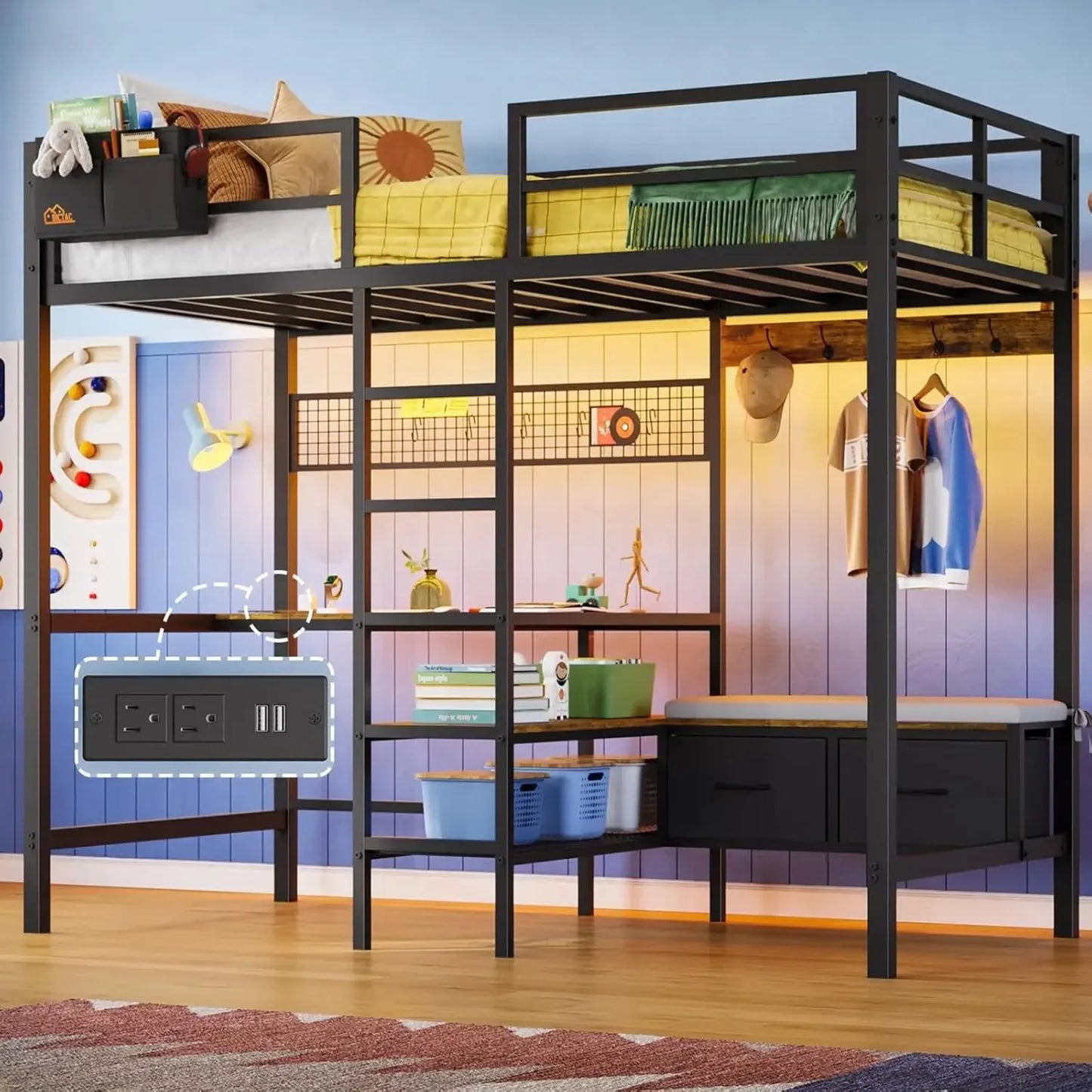 Loft Bed with L-Shaped Desk, LED Lights and Charging Station with Storage Shelves and Coat Rack with Drawers
