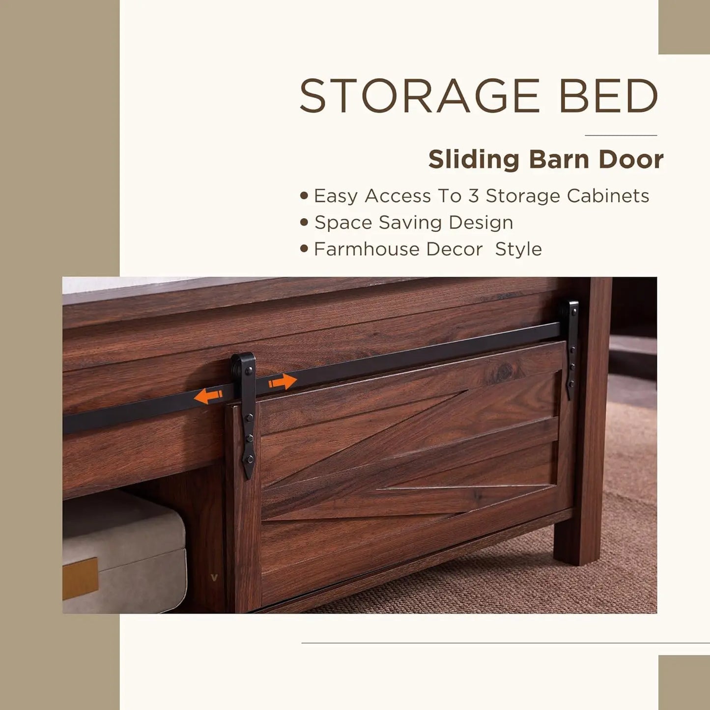 Queen Size Farmhouse Wood Bed Frame with Barn Door Storage Cabinets