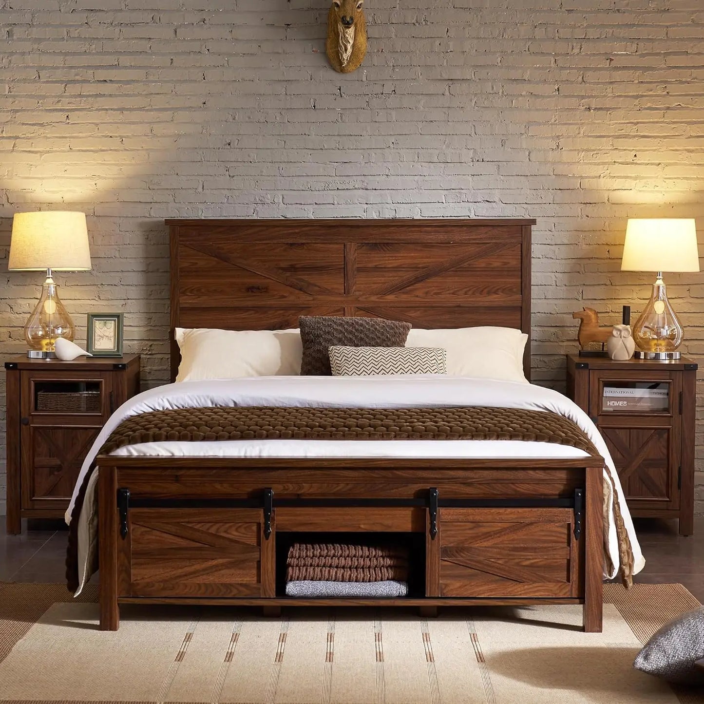 Queen Size Farmhouse Wood Bed Frame with Barn Door Storage Cabinets