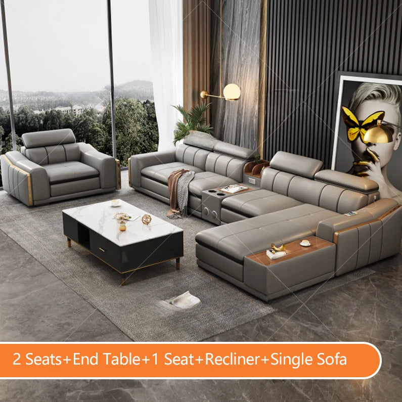 Modern L Shape Leather sofa with wireless charger USB Corner and blue-tooth speaker