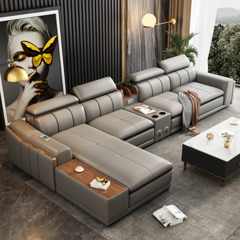 Modern L Shape Leather sofa with wireless charger USB Corner and blue-tooth speaker