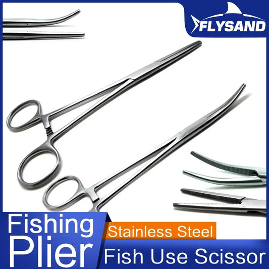 FLYSAND Stainless Steel Fishing Pliers Scissors Line Cutter Hook Remover Forceps Tackle Curved Tip Clamps Fishing Tools