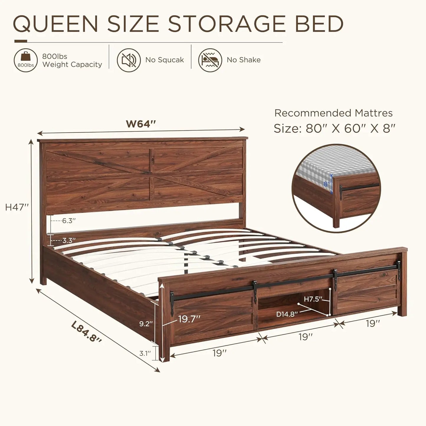 Queen Size Farmhouse Wood Bed Frame with Barn Door Storage Cabinets