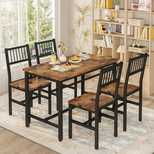 47.2-inch dining table set of 4, industrial table with 4 curved chairs set, 5-piece rectangular kitchen table set dining room